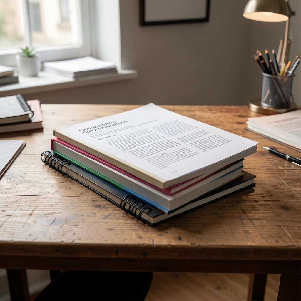 Stack of notebooks and printed research pages on a wooden editorial desk under studio lighting in a quiet workspace