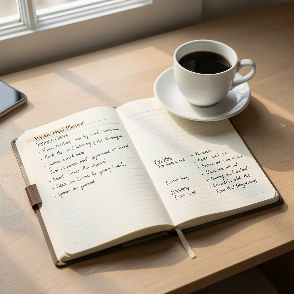 Open weekly meal planner notebook with hand-written food notes and ingredient lists beside a cup of black coffee on a clean work desk under morning light