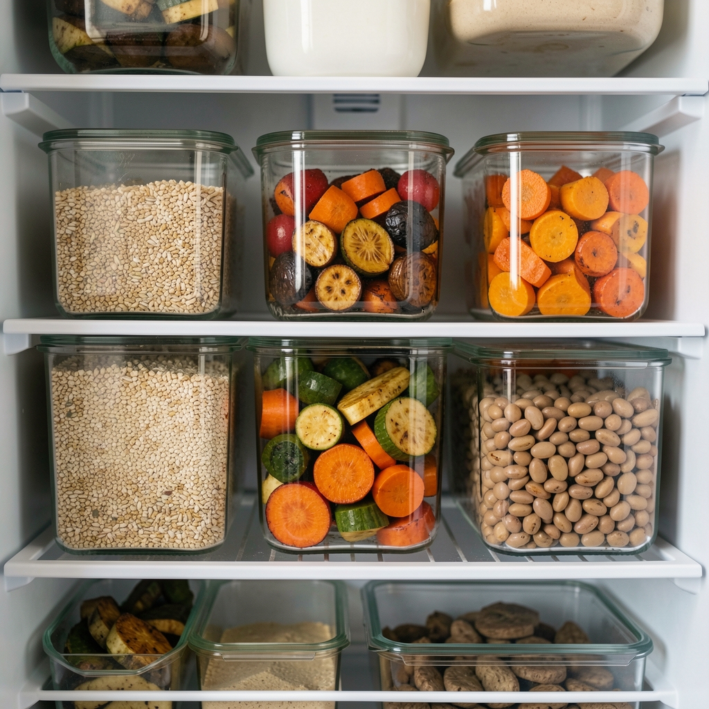 Organised refrigerator shelf showing clear glass containers of prepped grains, roasted vegetables, and cooked legumes neatly arranged, natural kitchen lighting