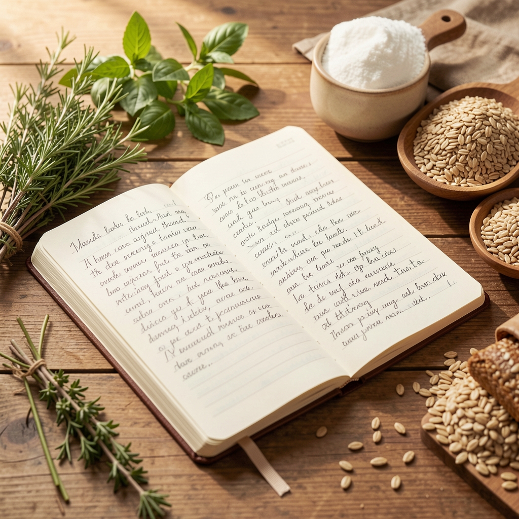 Open notebook beside a small bowl of walnuts and dried fruit on a rustic wooden desk, pen resting on handwritten notes, quiet workspace